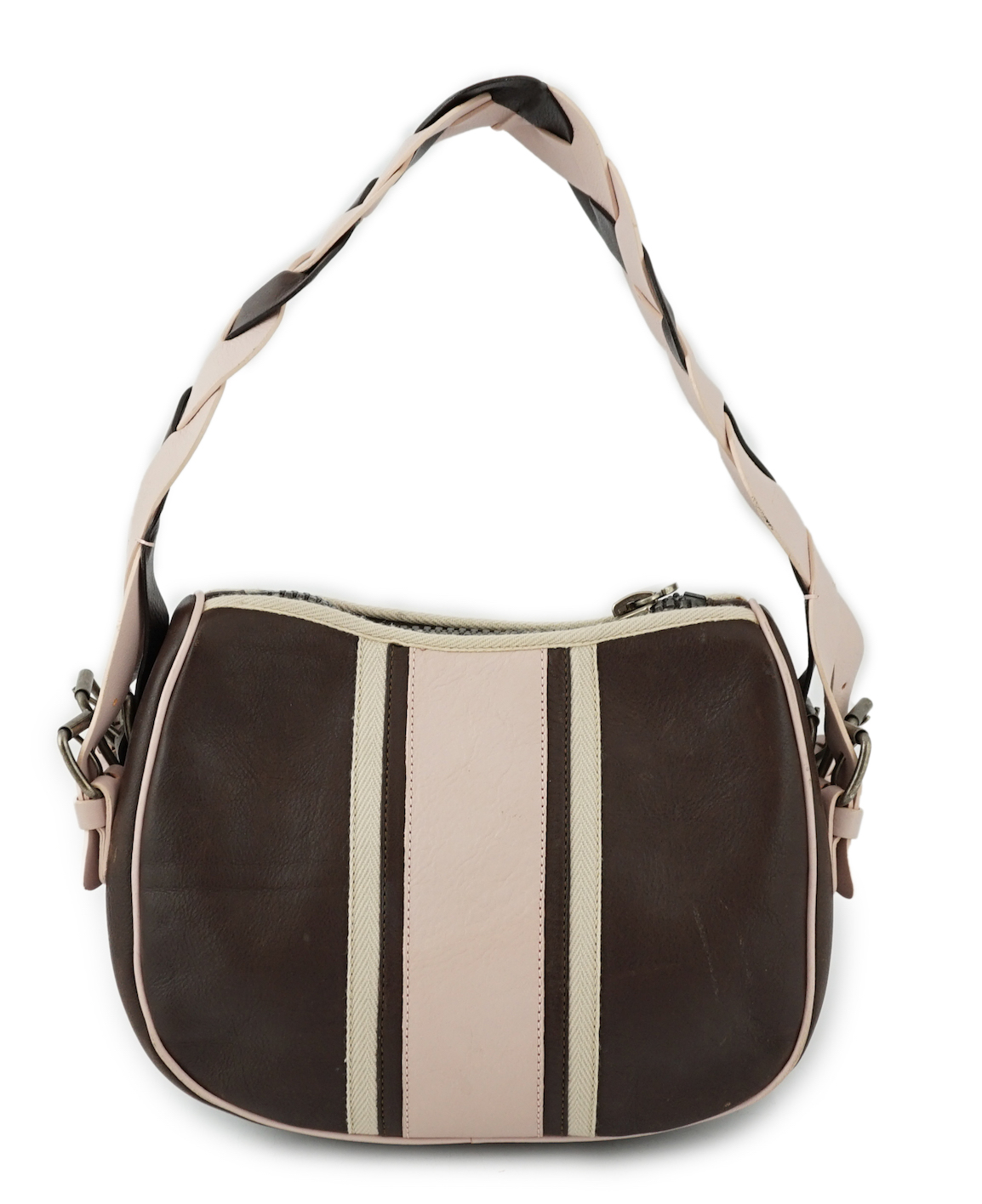 A Moschino Cheap and Chic brown and powder pink shoulder bag, height 18cm, height to handle 30cm, width 28cm, depth 15cm